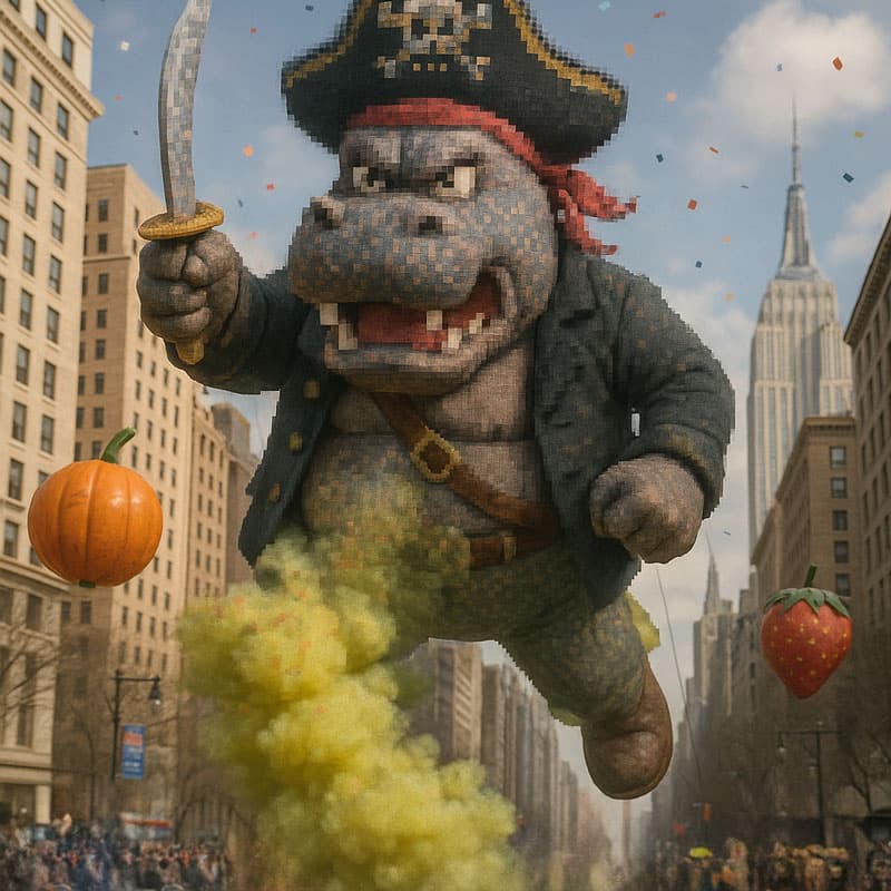 Thanksgiving Day Parade float of Brumblebutt spraying the crowd with sour gas