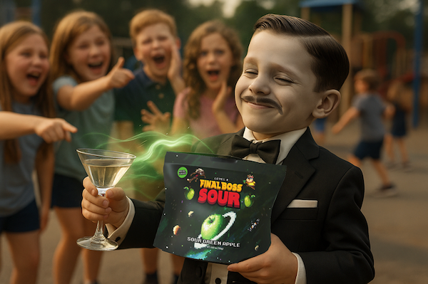 Young boy with no eyebrows dressed like crooner holding Final Boss Sour Sour Apples