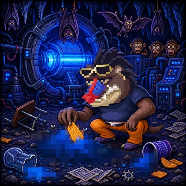 Tabloid photo of Derkus the mandrill dipping a mango dipper into a pile of bat dung