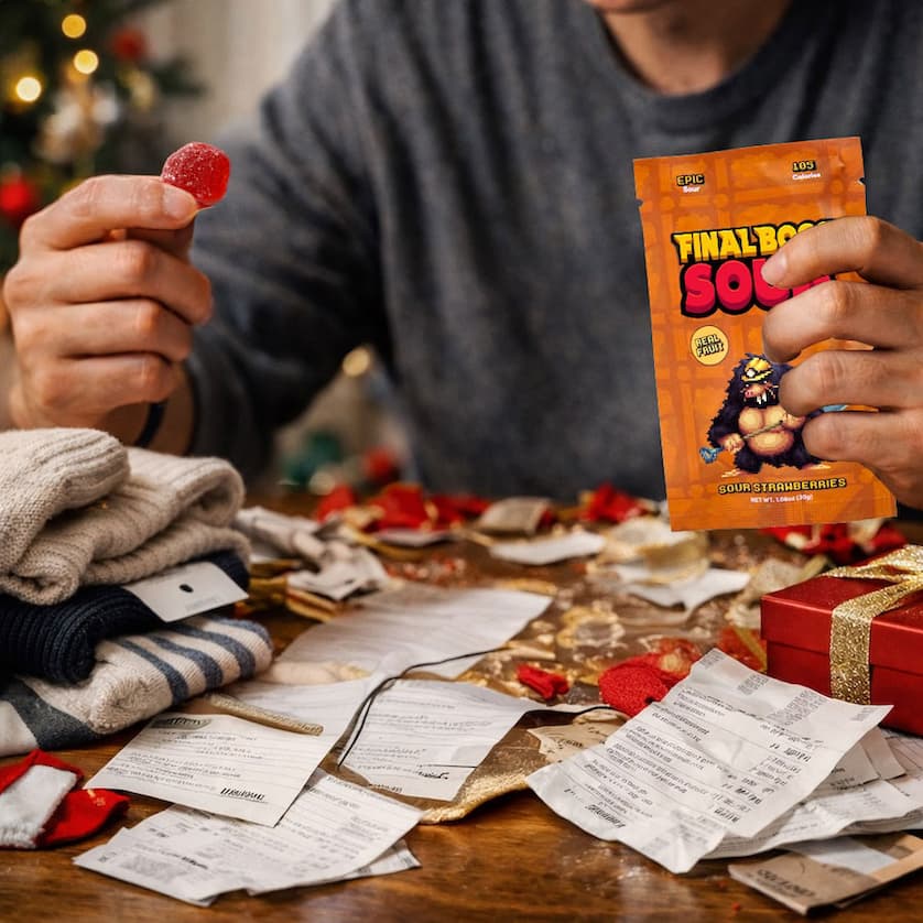 Person reviews holiday gift receipts while clutching a pack of Final Boss Sour