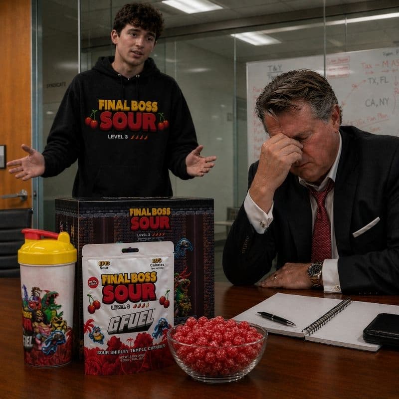 Photorealistic editorial shot — John Swan (young intern in FBS hoodie) at a boardroom table pitching the Shirley Temple drop to a red-faced, enraged 50-something investment banker pinching the bridge of his nose