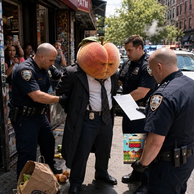 Law & Order-style editorial crime scene: an anthropomorphic peach in a suit being arrested by NYPD detectives in a NYC bodega
