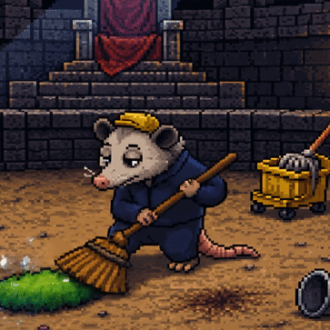 Live cam scene inside the Final Boss' Secret Slophole — a weary animal janitor sweeps up the debris left after the Super Sour Smash Schmoes tournament, with Melsh's remains in a sweepable pile and a mop bucket nearby