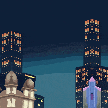 Animated live-cam scene over the Mango district skyline at night — lit skyscraper towers glowing under the Final Boss's rule