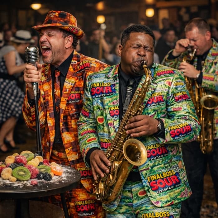 Sax player wearing Final Boss Sour printed suit