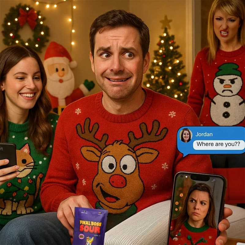 Man with worried facial expression, surrounded by three women, holds a pack of Final Boss Sour