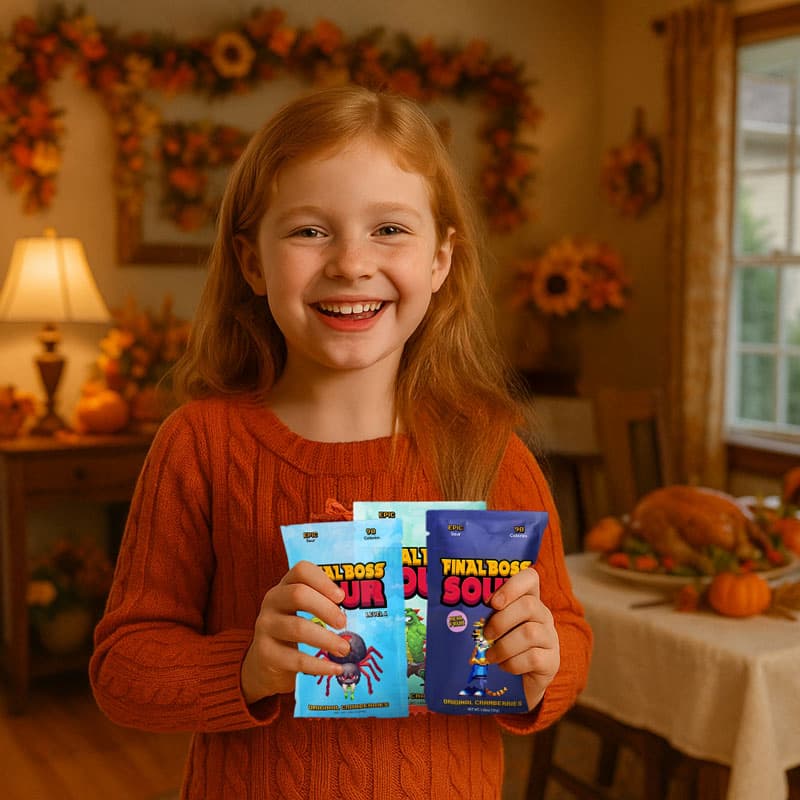 Young girl smiling with packs of Final Boss Sour cranberries in her hands.