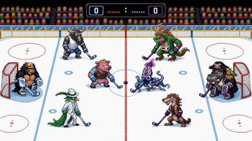 16-bit NES-style ice hockey game with Gooberland miniboss teams brawling on the rink