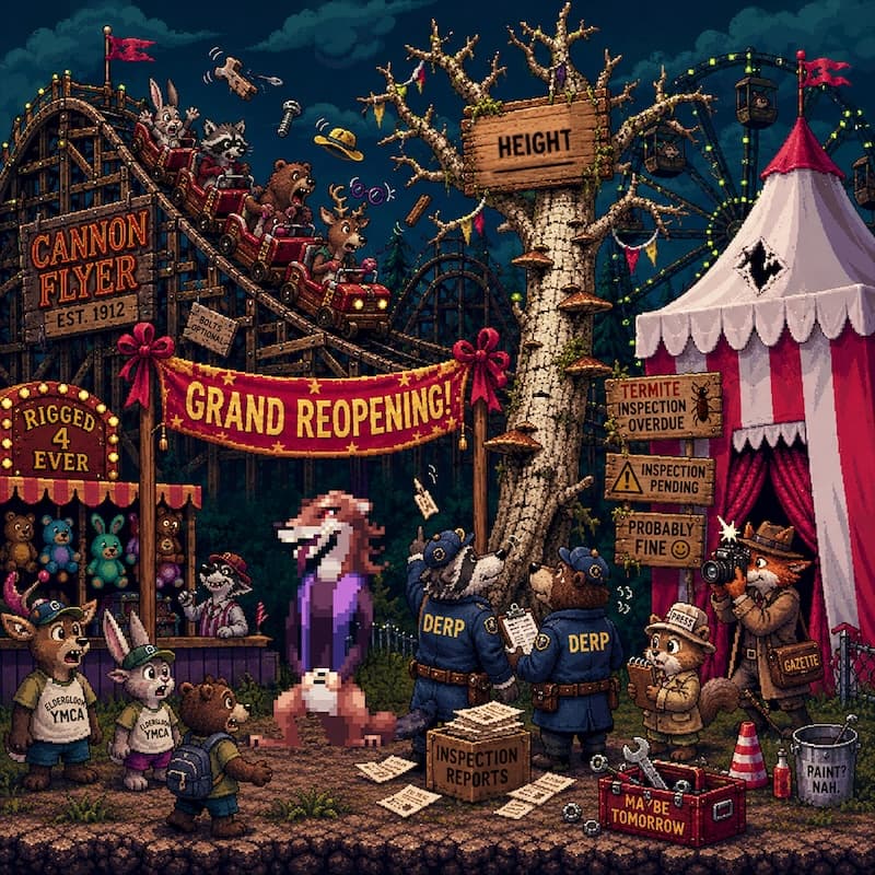 Chaotic scene at Connie Con Carnival as the rickety Cannon Flyer Coaster derails at the 4th turn, with DERP officials and stunned Eldergloom YMCA day campers looking on