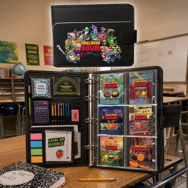 A Final Boss Sour four-ring Trapper Keeper binder packed with six bags of sour dried fruit, open on a school desk