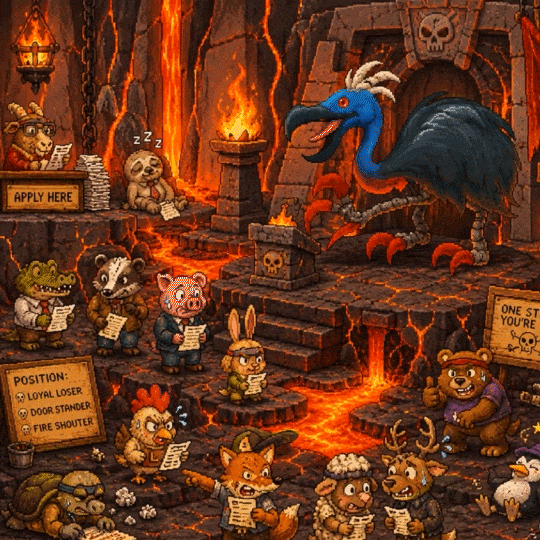 Live Gooberland scene of critters toiling over job applications at the Temple of Flames