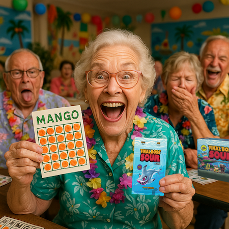 Woman at retirement home holds up new Mango game