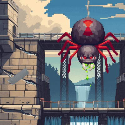Miniboss Arachnothorn dangles in front of a dam held together by ductape