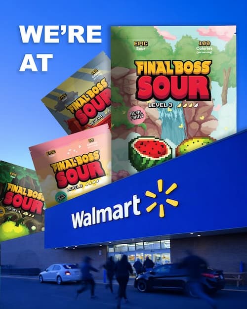 Giant packs of Final Boss Sour hovering above Walmart store