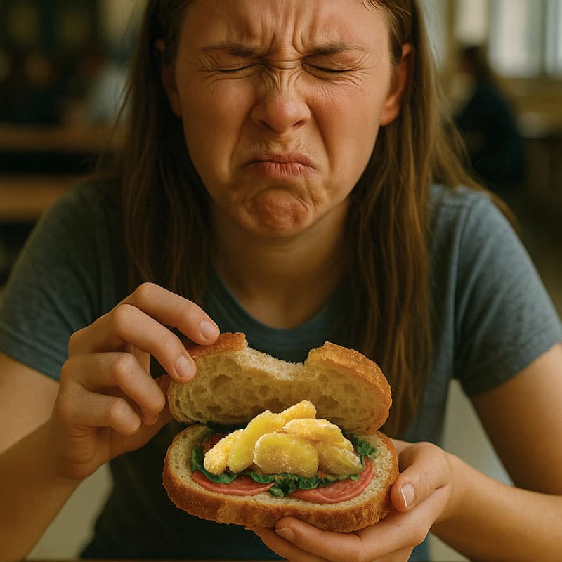 Girl winces as she opens sandwich to find Sour Apples inside