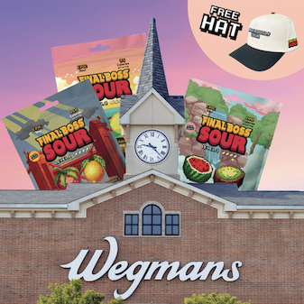Photorealistic editorial photo of Final Boss Sour pouches on a Wegmans grocery shelf in the Mid-Atlantic