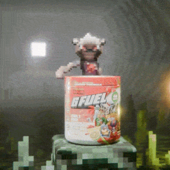3D animation still — Hank the honey badger and Quinnie the quokka rendered as fully three-dimensional characters for the first time, standing in a G Fuel-branded scene with a tub of Shirley Temple Energy Powder and FBS cherry pouches