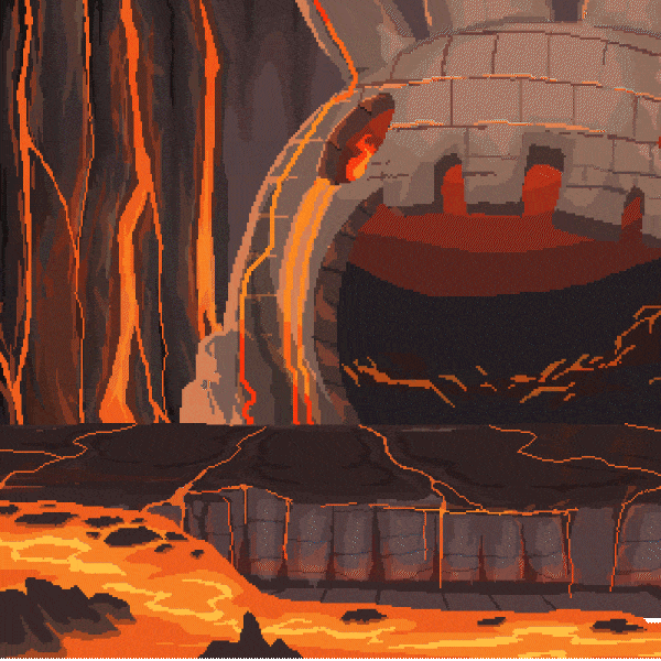 Magmara the cassowary miniboss of Souranges Level 4, standing in a lava-choked temple chamber under flickering firelight