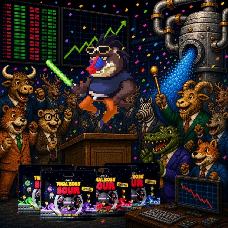 Derkus the mandrill ringing the bell at the Noobs Only Stock Exchange as Sour Dust Particle Collider Inc goes public