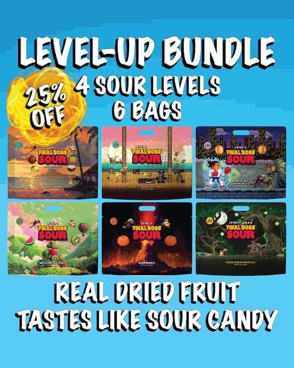 The Level-Up Bundle: six bags of Final Boss Sour flavors in 4 sour levels