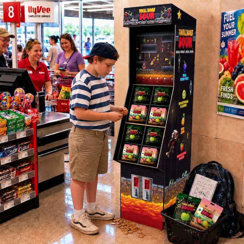 Carson Dempsey standing in front of the Final Boss Sour Ultimate Arcade Display inside a Hy-Vee grocery store