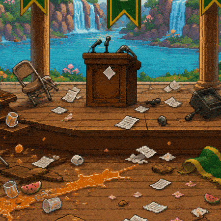 16-bit pixel art: Melsh, the Watermelon Kiwi komodo dragon miniboss, mid-zoomies racing in circles across a government stage, spiked tail knocking over a refreshment stand