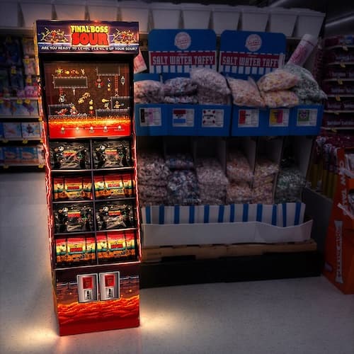 A mob of children on bicycles descending on a grocery store candy aisle, crowding around a cardboard Final Boss Sour display stand featuring Level 2 Strawberry Mango and Level 4 Sour Apple — editorial photorealistic style