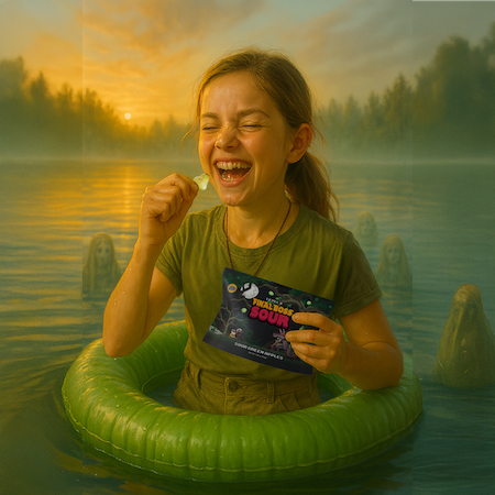 Young girl smiles while floating in a lake and eating Final Boss Sour