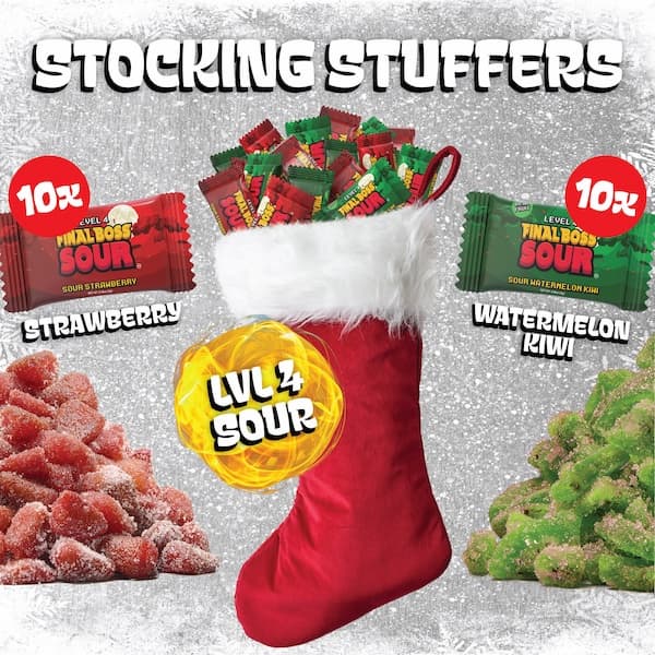 Stocking filled with individually wrapped sour strawberries and sour kiwi