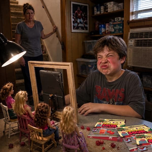 An 11-year-old boy in a home basement, cheeks bulging with sour cherry candy, red-faced and tearing up while smiling at a makeshift phone-on-a-picture-frame filming rig