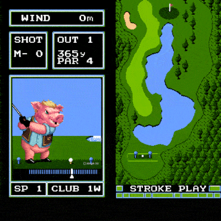 Lardsworth the blueberry pig miniboss cheating on a golf course, dropping a ball from his hoof near a bunker at Frumpkin Hills