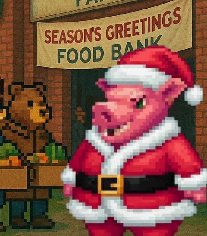 Lardsworth dressed in a Santa Suit outside of his impromptu food bank