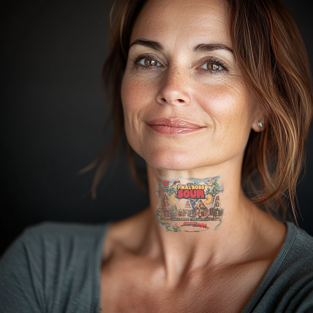 Woman with Christmas Cantaloupe neck tattoo
