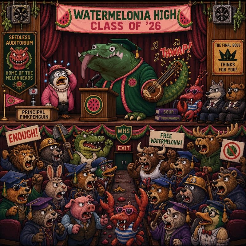 Melsh the komodo dragon delivering commencement speech at Watermelonia High School podium