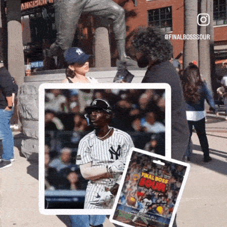 Jazz Chisholm Jr. at second base mid-double play, Yankees dugout stocked with Final Boss Sour Kiwi Mango Double Play packs