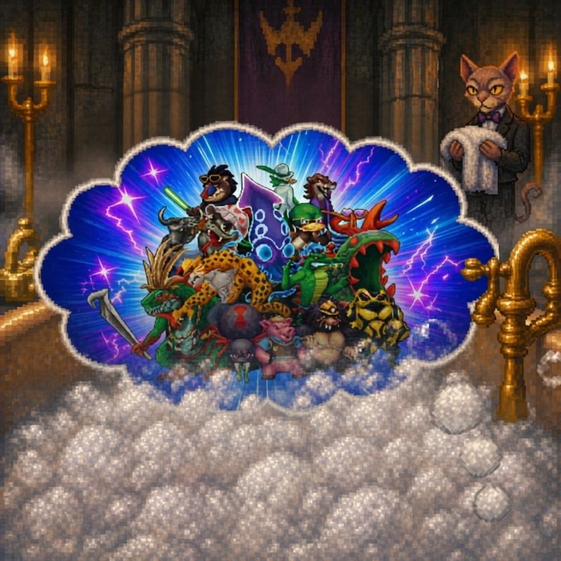 16-bit pixel art — The Final Boss lounging in an ornate marble bubble bath, smashing two miniboss action figures together above the suds like a spoiled child playing war
