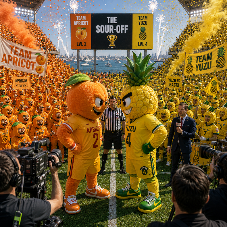 Level 2 Apricots and Level 4 Yuzu Pineapple face off in a dramatic sour fruit standoff, product packaging for both displayed prominently