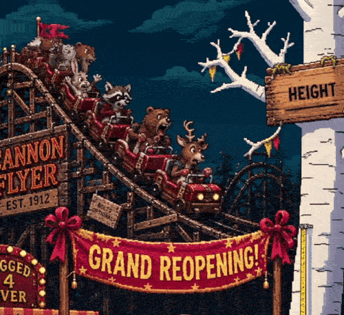 Rickety wooden Cannon Flyer Coaster at Connie Con Carnival with the overgrown birch tree height sign visible near the entrance