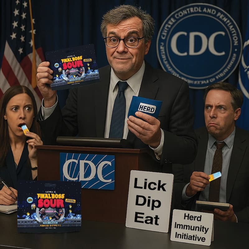 CDC director holding up bag of Final Boss Sour Mango Dippers