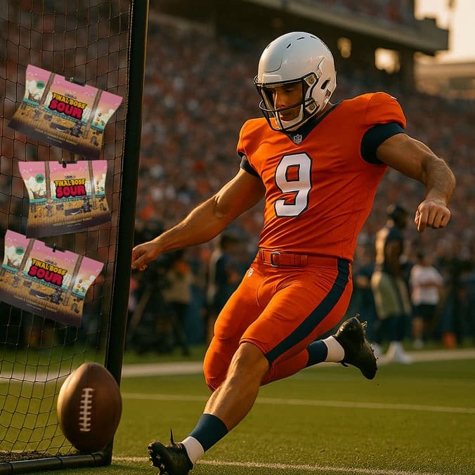 An NFL kicker warming up on the sidelines alongside packs of Final Boss Sour Strawberry Mango