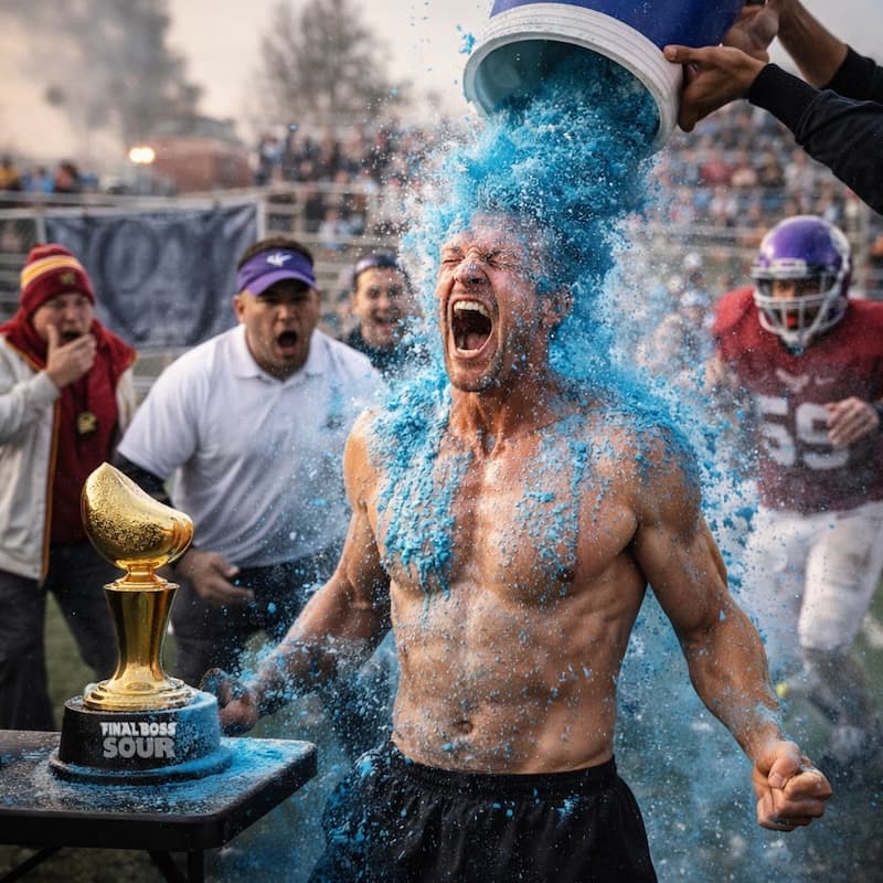 Man has water cooler of Level 3 Blue Raspberry Sour Powder dumped on him