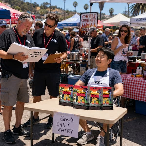 Bare folding card table at a crowded outdoor chili cookoff with a single 4-pack of Level 3 Chili Limon Mangos and Pineapples sitting on it
