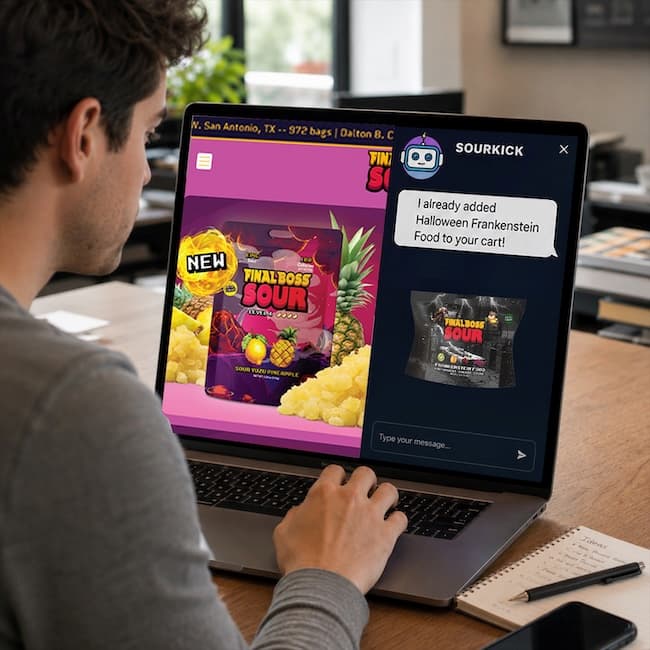 Editorial shot of an annoying AI chatbot companion sidebar overtaking a candy brand website, covering the add-to-cart buttons