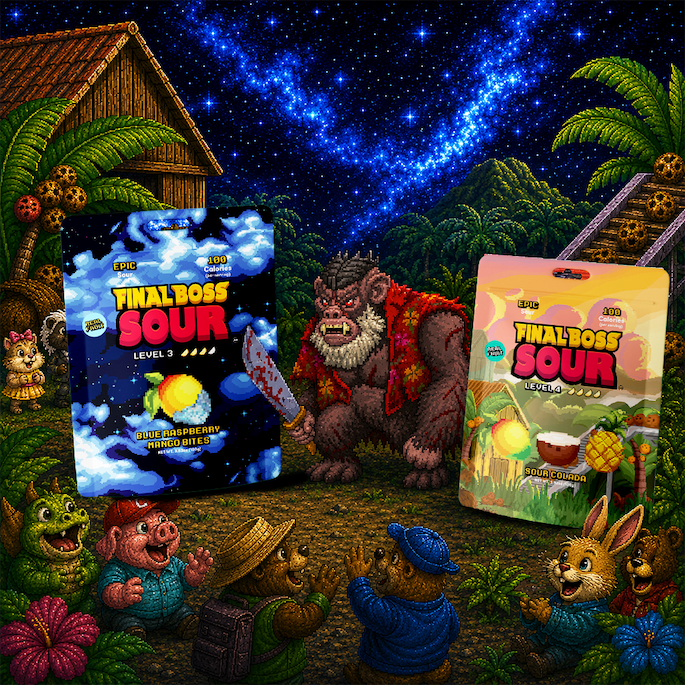 Final Boss Sour product launch scandal scene with Blue Raspberry Mango Bites and Level 4 Sour Colada