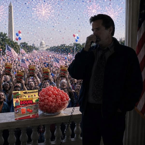 President-style address to the nation from the Oval Office / White House podium, Independence Day tone, announcing the return of Final Boss Sour Level 2 Shirley Temple Cherries