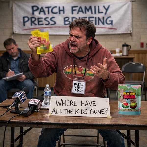 Upset man grabs pack of Sour Patch