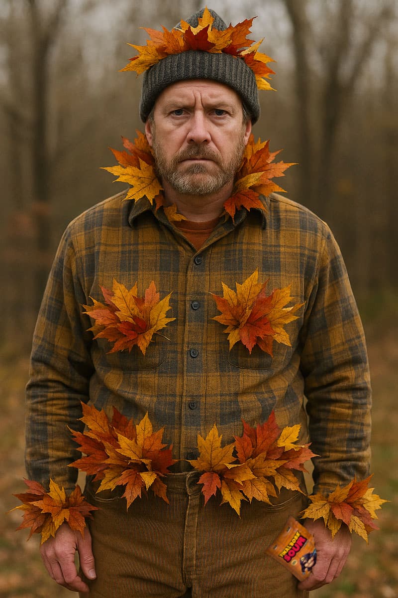 Man wears clothes stuffed full of fall leaves
