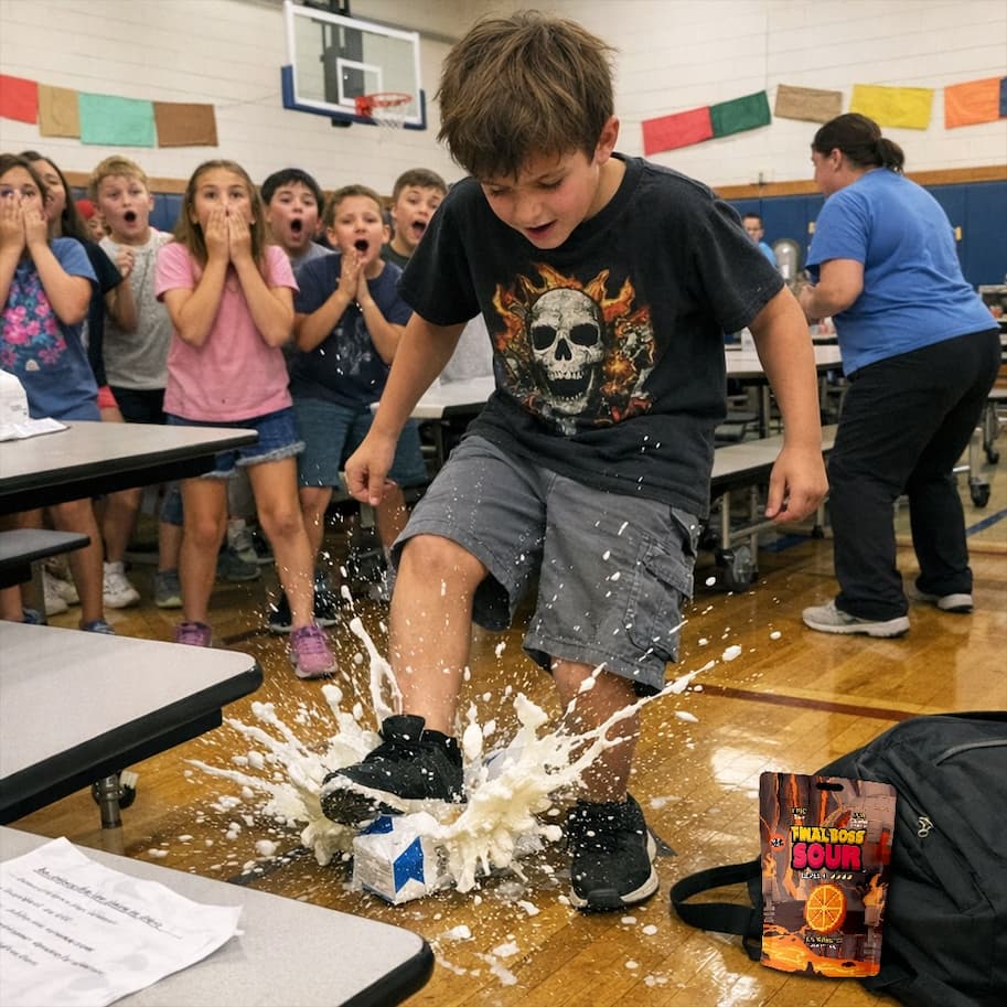 Boy stomps on milk carton