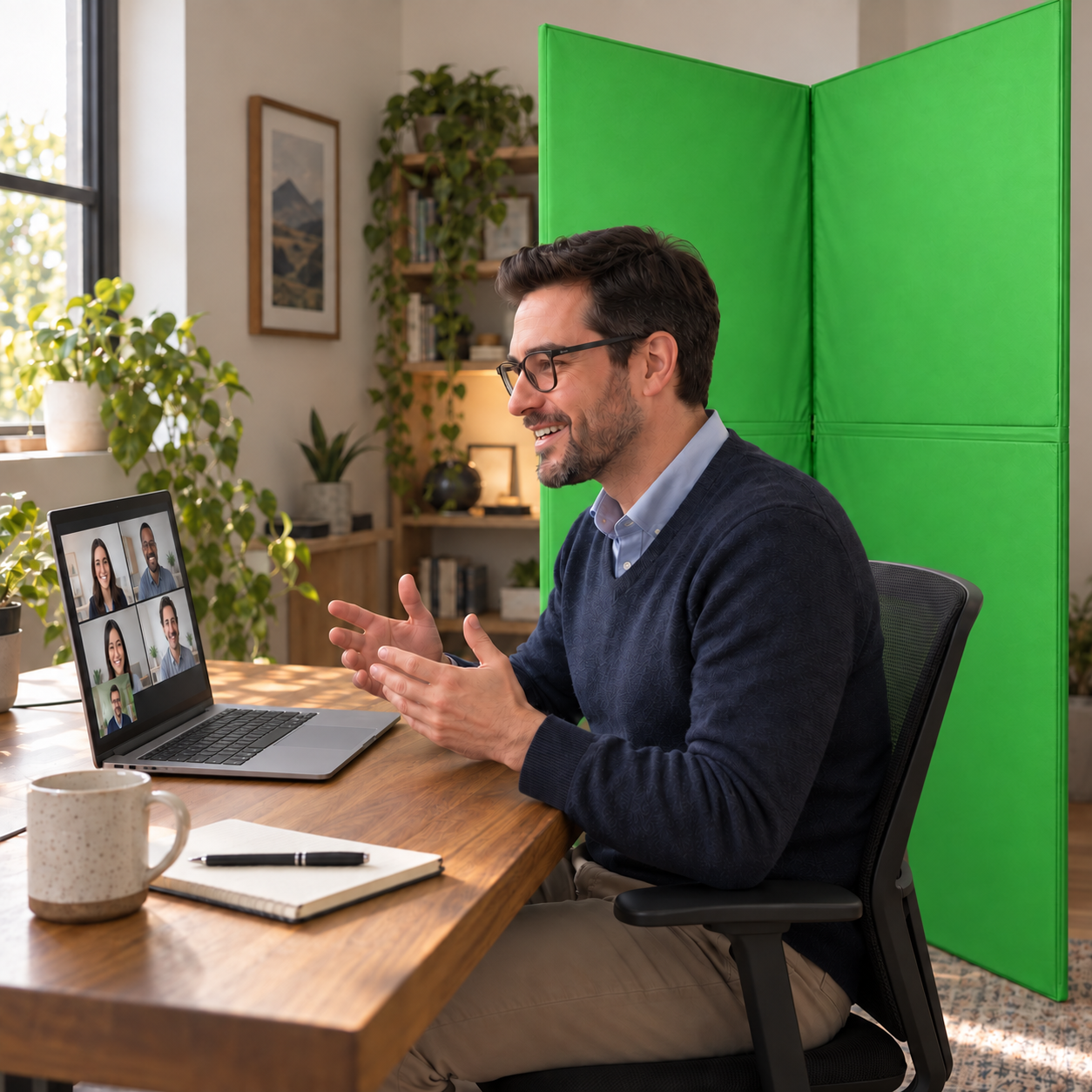 Professional using a V-Flat Green Screen Skin for an online meeting
