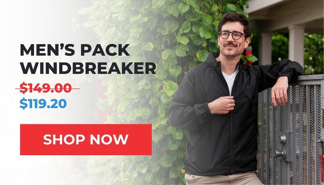 April Showers 20% off men's and women's Pack Windbreakers through Monday, April 20th